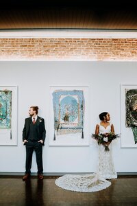 Bride and groom portraits inside 21C, a contemporary Louisville Kentucky wedding venue