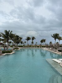 Beachfront main pool at the adults only Atelier Playa Mujeres in Mexico, with palm trees surrounding the pool