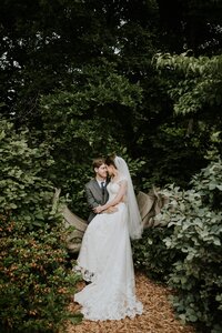 Bride and groom portrait in the gardens at Yew Dell Botanical Gardens