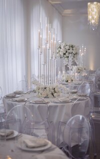 Modern clear reception decor by Stone Blossom at Belle Mer, Newport.