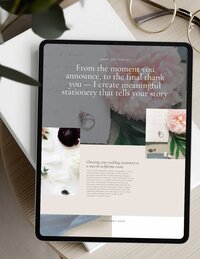 Services page of Showit website template for wedding stationery designers shown on tablet.