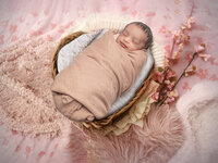 4Karma Studio - A sleeping baby swaddled in neutral wraps inside a rustic basket, surrounded by soft textures and fresh botanical florals in Southern California.