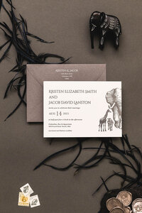 Gray letterpress wedding invitation with zoo animlas