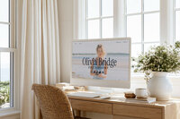 Desktop mockup of a one-page website template for photographers shown on a monitor in a bright coastal workspace