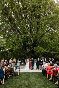 Wedding ceremony under the Elm tree at Poachers Pantry near Canberra ACT. Photo by Acacia & Grace Photography, a Canberra Wedding Photographer.