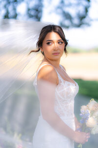 Bride with veil under willow tree at rainbow oaks ranch in sanger california