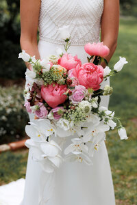 Close-up of pink and white wedding bouquet