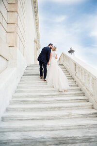 Bride and groom on DIA stairs Detroit Wedding