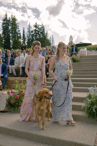 Bridesmaids walk the couple’s dog down the aisle at a stunning mountain-top wedding in Beaver Creek, Colorado.