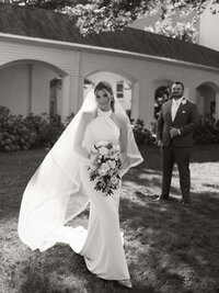 Chatham Bars Inn Cape Cod Wedding Bride Portrait with groom standing behind her admiringly.