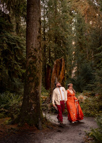 Couple wandering through the Hall of Mosses in the Olympic National Park after their elopement