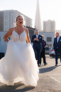 san francisco bride boarding boat for wedding reception