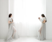 A before and after photo merged together of when the mother was still pregnant and wearing a grey tulle maternity gown holding her belly as shes standing in a Dallas/Fort Worth photography studio. On the other side is a photo of her holding her newborn baby while she is wearing the same tulle gown.