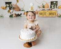 Adorable little one diving into her bee-themed cake smash, surrounded by honeycomb sweetness and birthday cheer. Captured by Yucaipa cake smash photographer Kaitlyn Dawn Photography.