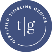 Logo of certified timeline genius specializing in stress-free weddings, featuring a white crescent and "tlg" initials inside a blue circle with text around the circumference.