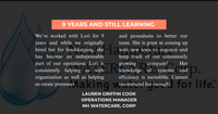 Client testimonial from Lauren Griffin Cook, Operations Manager at NH Watercare Corp: after nine years working with Lori, she has become an indispensable part of their operations, processes and team systems