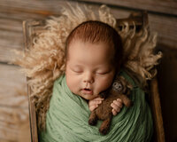 Peacefully sleeping newborn baby wrapped in a sage green swaddle while holding a small stuffed lamb during a cozy studio newborn photography session by Kaitlyn Dawn Photography.