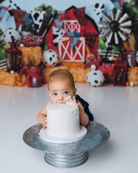 Baby leaning toward a tall white cake during barn-themed cake smash session. Photograph by Yucaipa cake smash photographer Kaitlyn Dawn Photography.