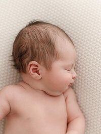 Newborn baby side profile photographed in a Salem newborn photography studio.