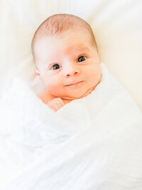 Awake newborn baby wrapped in soft white fabric looking directly at the camera during a bright in-home newborn photography session.
