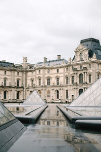 Editorial architectural photography of the Louvre Museum in Paris, showcasing luxury destination wedding travel expertise.