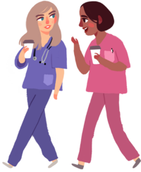 two illustrated nursing students in pink and purple scrubs