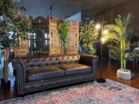 Elevation's newest set design featuring leather couch, tungesten bulbs, and greenery throughout