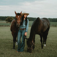 Senior girl posing with her horses in a field at Triple T Farms wedding venue in Fruitdale, Alabama.