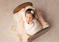 Baby girl at charlotte newborn session in a little wooded bed.