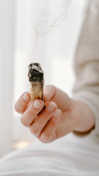 Brand photo of a hand holding a burning palo santo stick