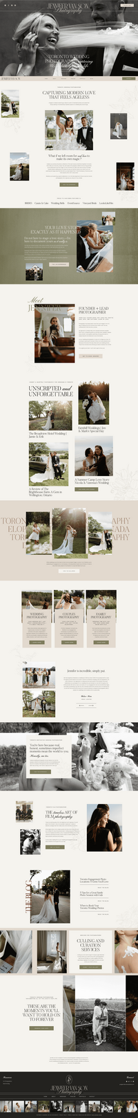 A webpage displays a photography service with sections on portfolio, client testimonials, frequently asked questions, and contact information. Showcasing various images of people and events throughout, it also highlights showit web design for luxury photographers to enhance brand and identity services.