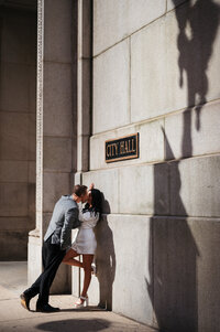 Bride and groom embracing during golden hour micro wedding ceremony in Chicago