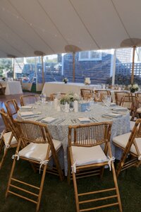 Baby blue wedding reception decor for Nantucket wedding.
