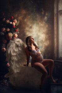 Pregnant woman wearing a rhinestone-studded bodysuit and angel wings, seated beside a vintage window in a dramatic floral and painterly studio setting in Waukesha, Wisconsin.