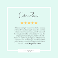 5-star client review for The Job Girl from high-achieving professionals in pharma, biotech, life sciences, and executive leadership roles.