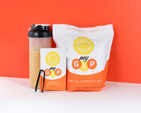 Colorful ecommerce product photography for protein health supplement brand