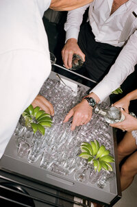 Sophisticated film photography capturing late reception moments during Rebecca & Kevin's fashion forward destination wedding at Miami Beach Edition hotel.
