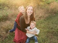 outdoor family session, mom with two boys