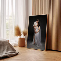 Elegant framed maternity portrait of expecting couple displayed in a warm, modern home setting, Kaitlyn Dawn Photography, Yucaipa maternity photographer.