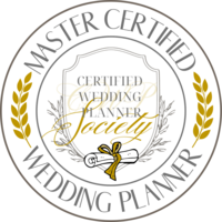 Logo of certified Iowa wedding planner society featuring elegant script text, two golden laurel branches, and a grey and white color scheme.