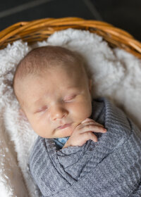 swaddled and sleeping baby for In home newborn photography Shelby Township MI