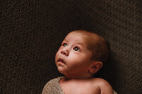 A baby on a brown backdrop gazes up at a light.