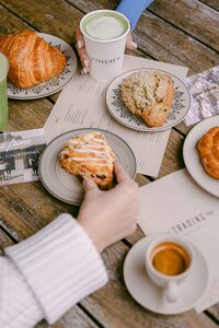Overhead of pastries and espresso at the Trading Post café