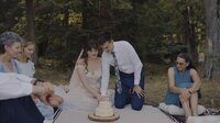 Couple cutting wedding cake at intimate wedding