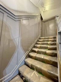 Wayzata board and batten stair painting with gray colors by Maple Grove interior painter.