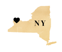 Gold Map of New York with heart in Buffalo, New York