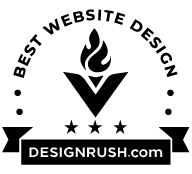 A black and white half circular badge that says "best website design' awarded to Bayou Brand House for best web design for wedding planners.