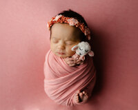 Sleeping newborn baby girl wrapped in a pink swaddle and holding a small plush lamb prop during a studio newborn photography session in Yucaipa by Kaitlyn Dawn Photography.