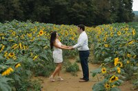 Engaged couple holding hands in the sunflower fields at Fausett Farms Sunflowers in Dawson County, Georgia, surrounded by vibrant yellow blooms during their engagement photo session
