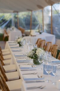 Baby blue wedding reception decor for Nantucket wedding.